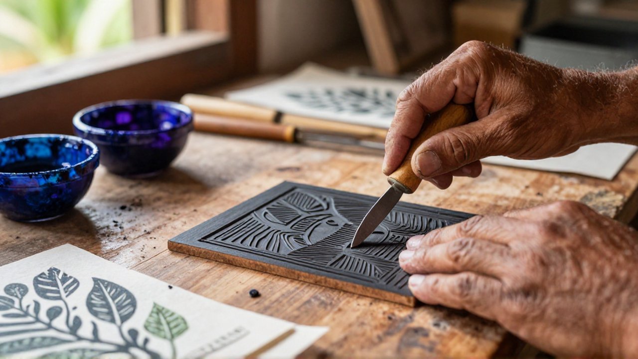 Artisan hands use a steel tool to carve a linoleum block on a wooden workbench.