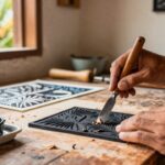 Close-up of an artist's hands carving a linoleum block on a wooden workbench in a sunlit studio.
