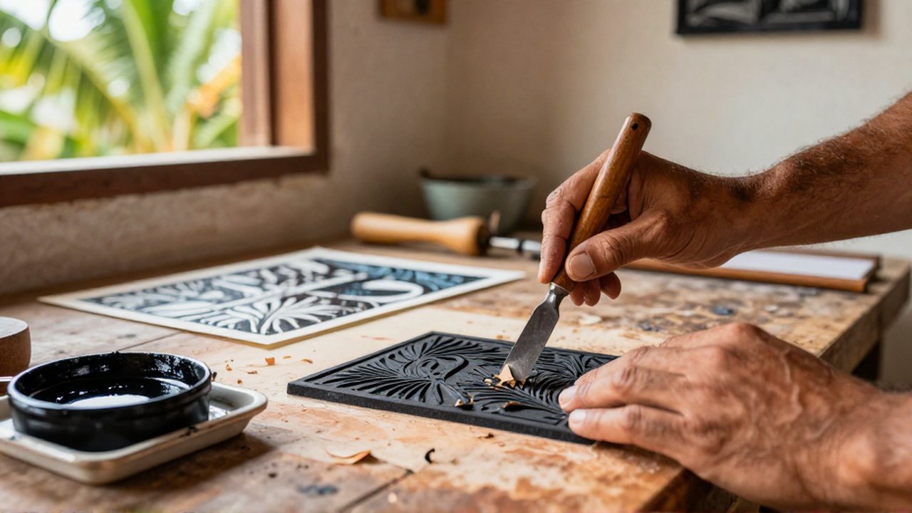 Close-up of an artist's hands carving a linoleum block on a wooden workbench in a sunlit studio.
