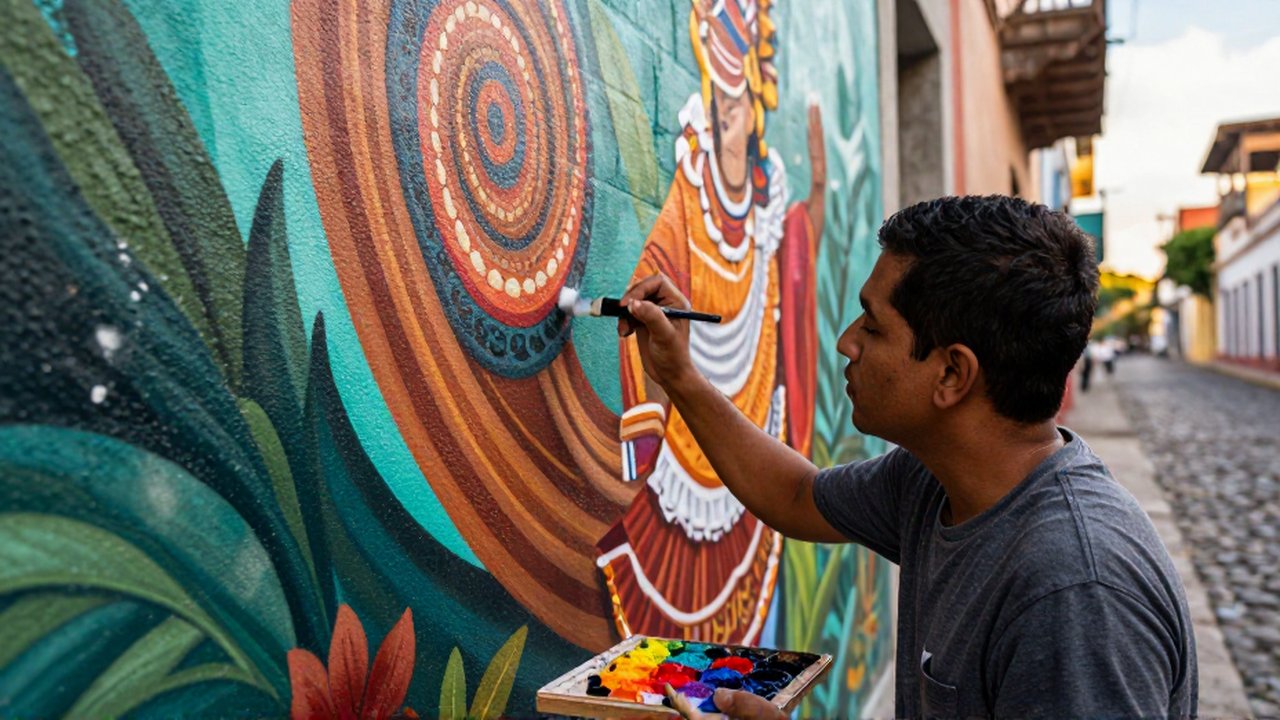 A Dominican street artist paints a vibrant folklore mural on a textured brick wall.