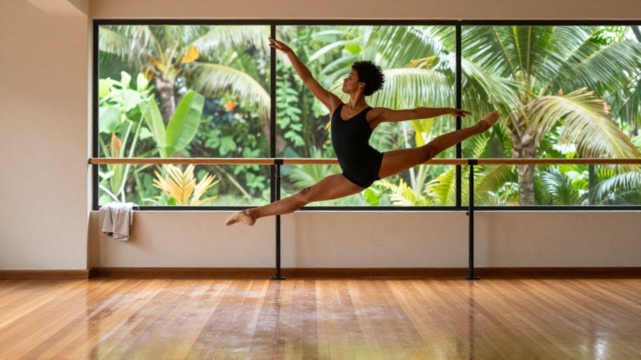 An Afro-Latino contemporary dancer performs an athletic leap in a sunlit, tropical-view dance studio.