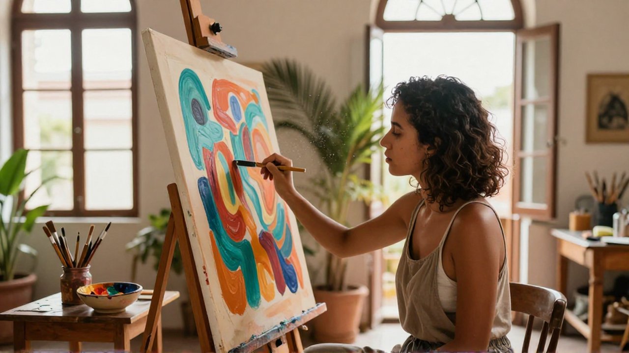 A Dominican woman uses a palette knife to apply thick