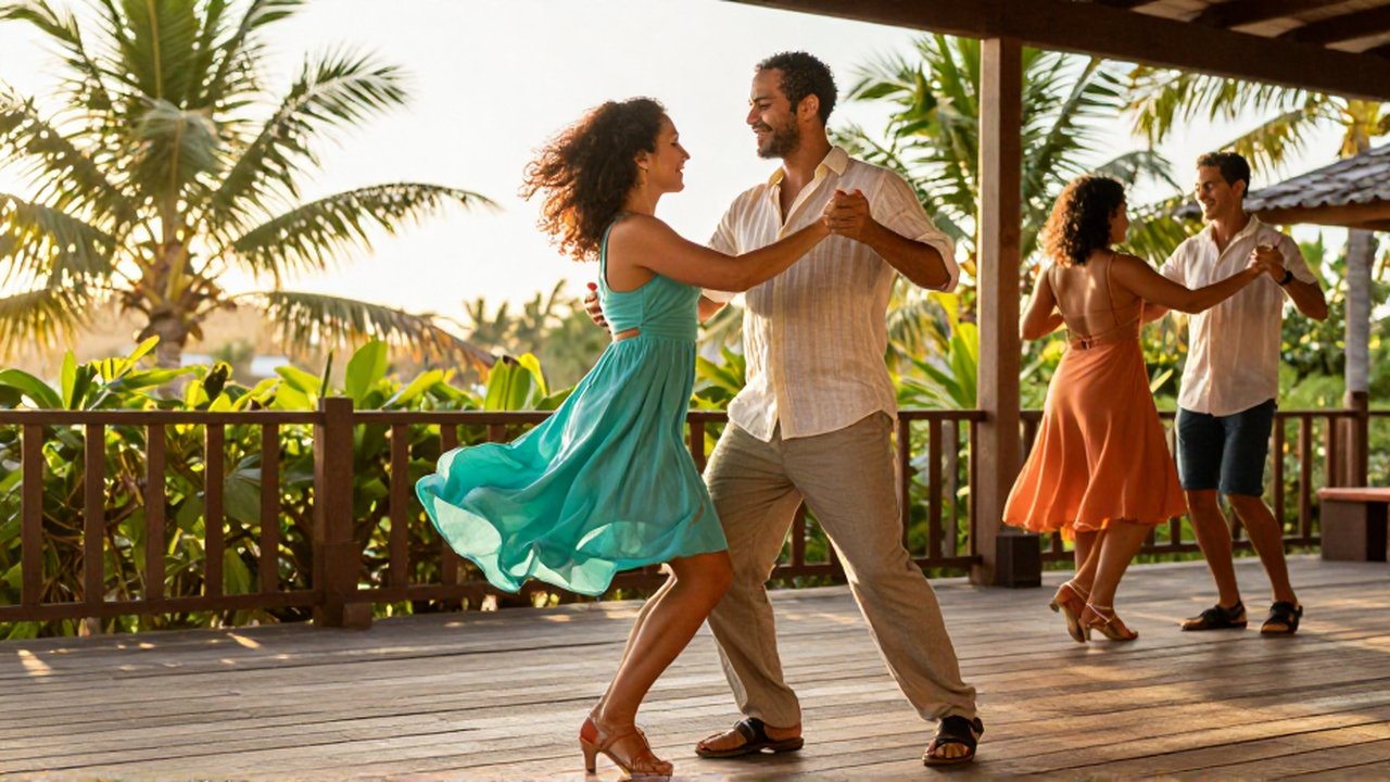 A smiling couple in colorful linen clothing dances salsa on a sun-drenched tropical wooden terrace.