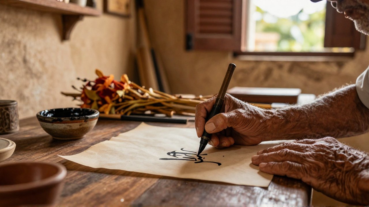 An elderly artisan's weathered hands use a fine nib pen to write calligraphy on aged parchment.