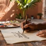 An elderly calligrapher uses a dip pen to write elegant cursive on parchment in a sunlit courtyard.