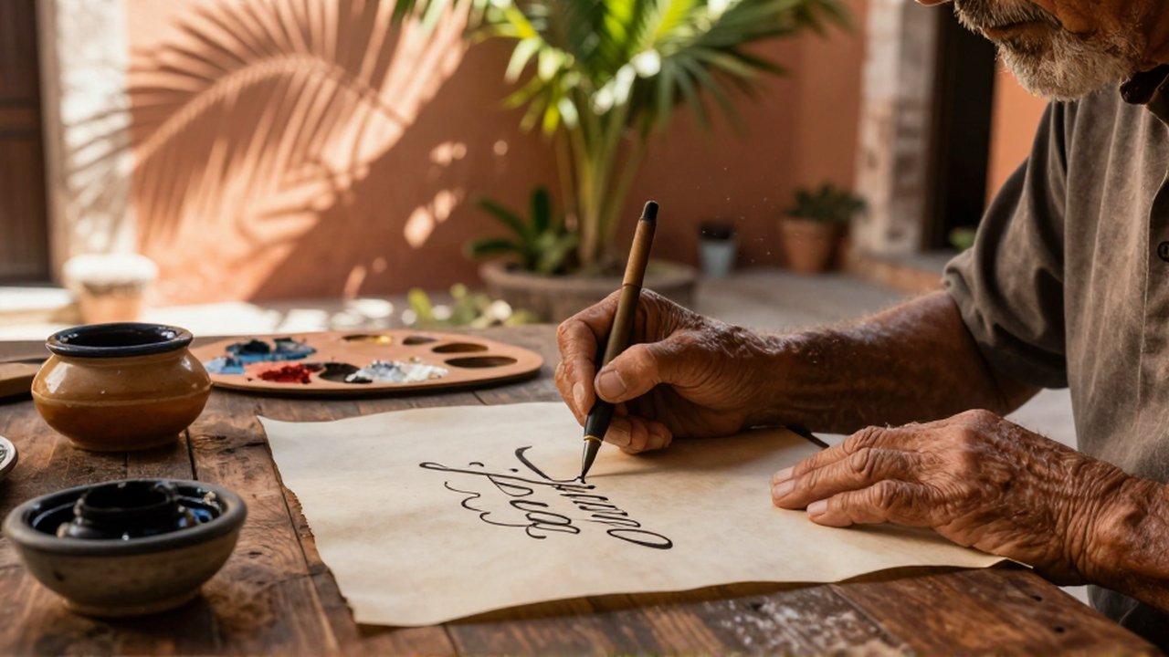 An elderly calligrapher uses a dip pen to write elegant cursive on parchment in a sunlit courtyard.