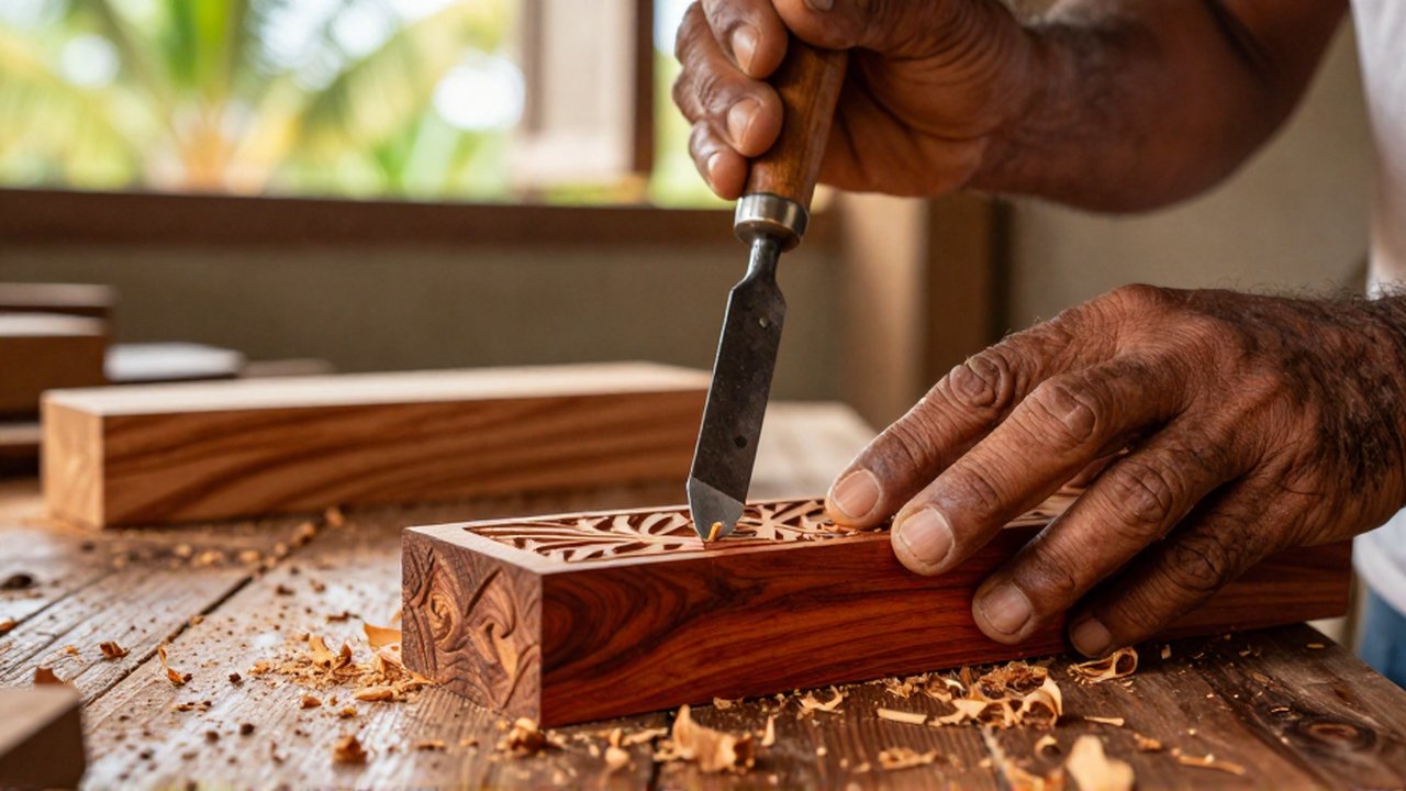 Weathered hands use a steel chisel to carve intricate patterns into a mahogany wood block.
