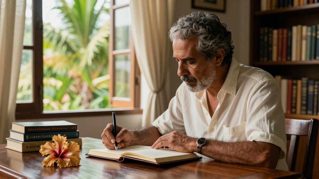 A man sits at a mahogany desk writing in a journal within a sunlit study.
