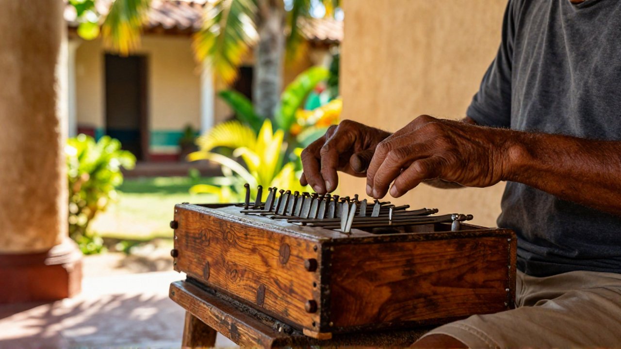 A musician plays a traditional marímbula in a sunlit