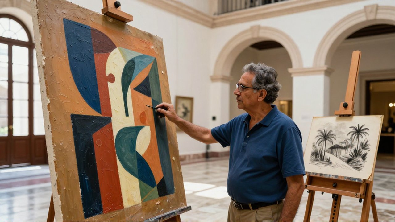 A middle-aged Dominican art historian examines a large abstract painting in a bright, colonial-style gallery.