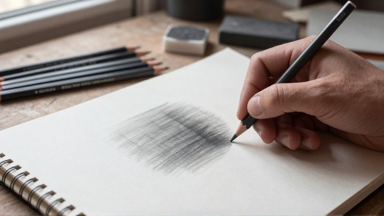 An artist's hand practices shading gradients with a graphite pencil on a textured sketchbook.