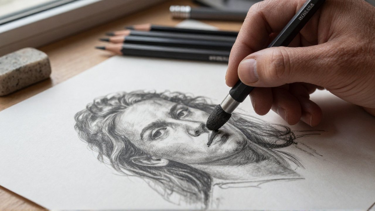 An artist's hand smears a graphite portrait with a blending stump on a cluttered wooden desk.