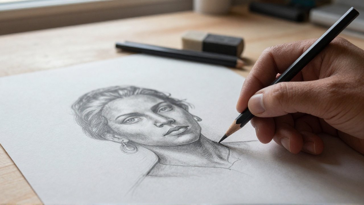 A close-up of an artist's hand using a graphite pencil to refine a portrait sketch on a wooden desk.