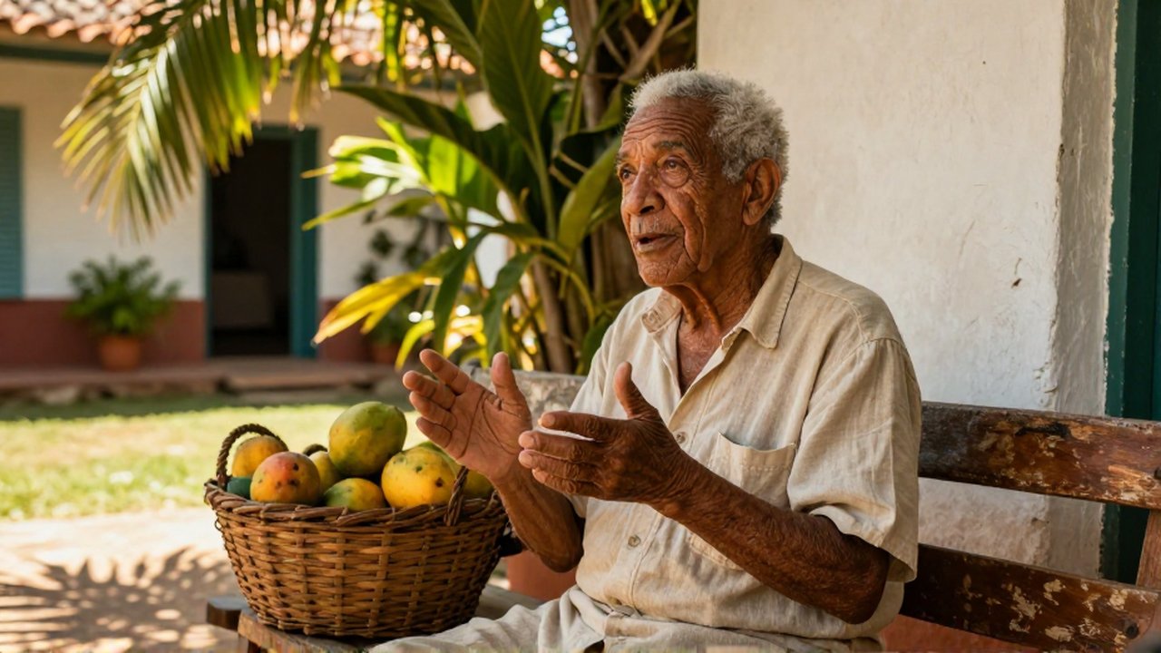 An elderly man gestures animatedly while sitting on a bench in a sun-drenched tropical courtyard.