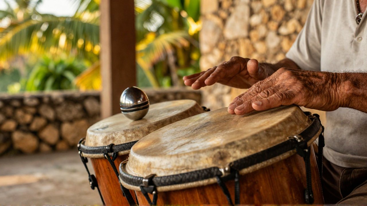 Weathered hands rhythmically play a wooden tambora drum next to a metal güira in a sunlit courtyard.