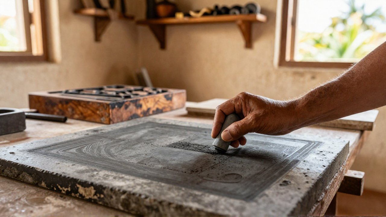 An artisan uses a grease crayon to draw on a large limestone lithography stone in a sunlit studio.