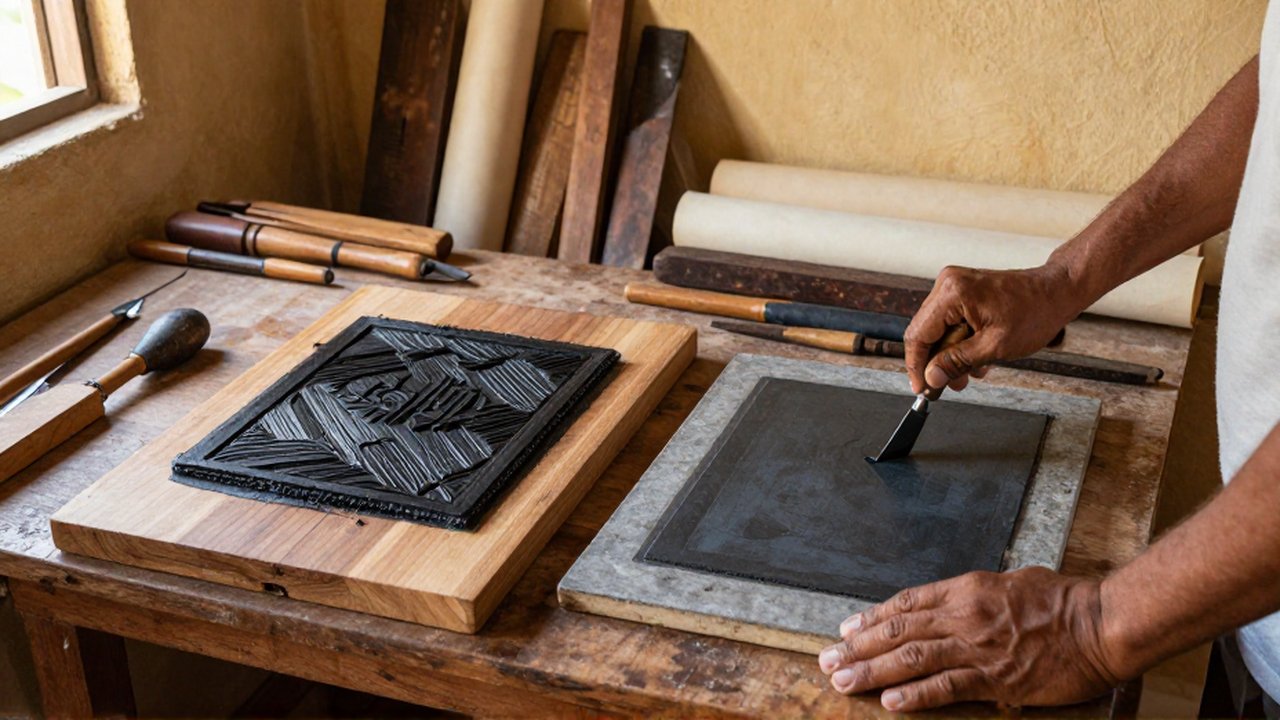 An artisan compares relief printing on a carved linoleum block with stone lithography on a workbench.