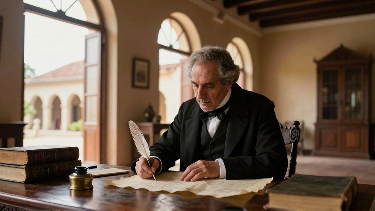 A 19th-century scholar in formal attire writes with a quill at a mahogany desk in a sunlit colonial study.