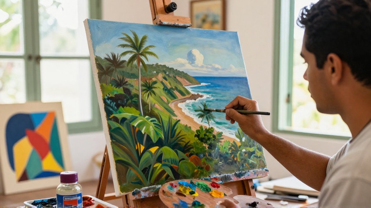A Dominican artist paints a lush tropical landscape in a sunlit, colonial-style studio.