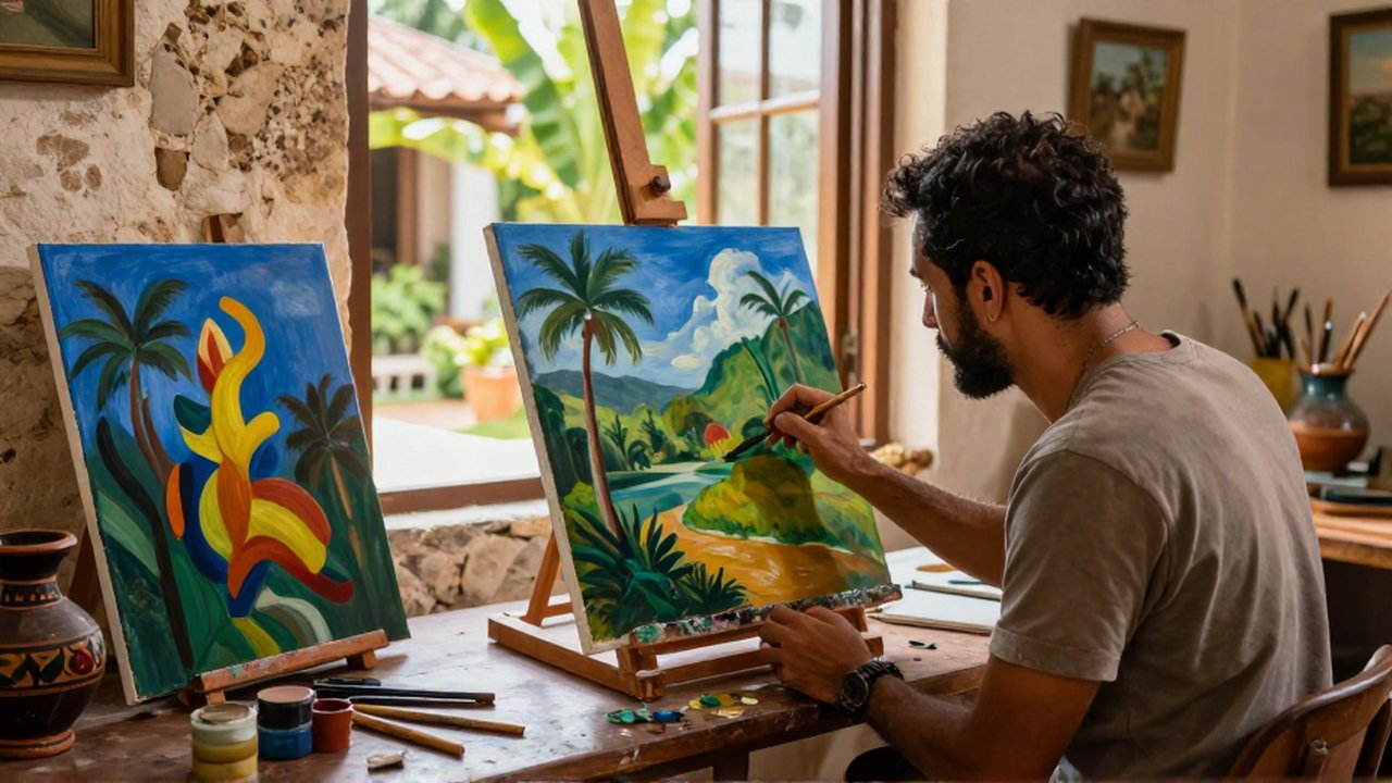 A Dominican artist meticulously paints a tropical landscape next to an abstract canvas in a sunlit studio.
