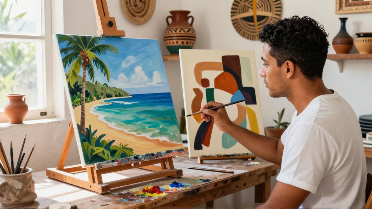A Dominican artist compares a representational landscape canvas and an abstract painting in a sunlit studio.