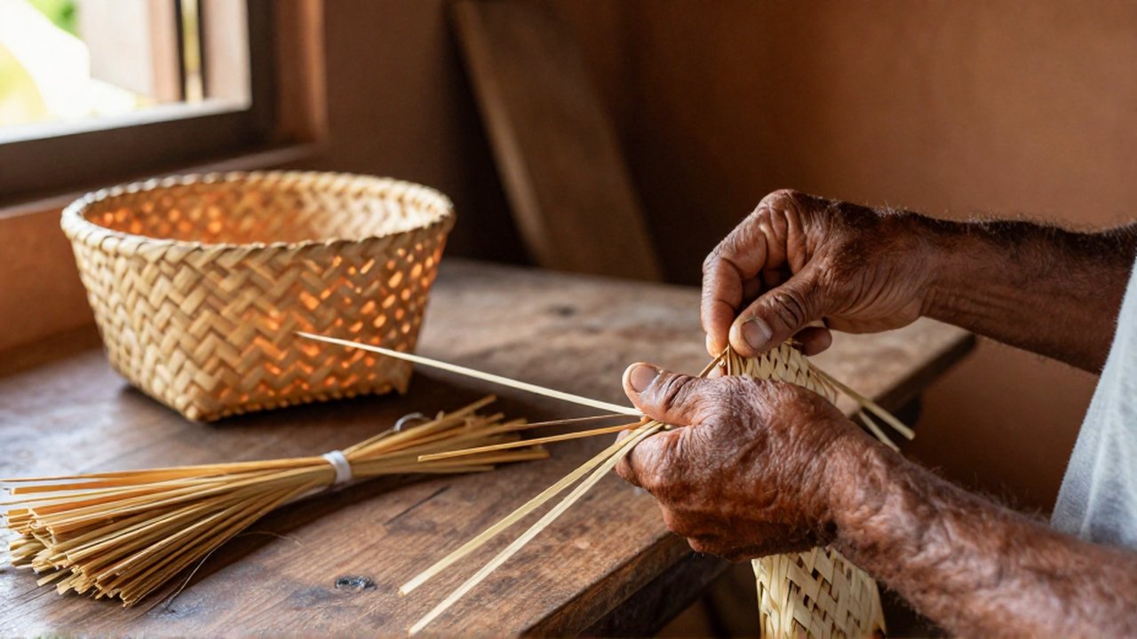 A close-up of weathered hands weaving thin palm fibers into a patterned basket on a wooden workbench.