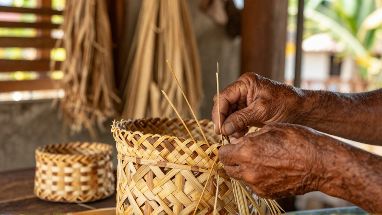 An elderly artisan's weathered hands weave an intricate geometric pattern into a palm frond basket.