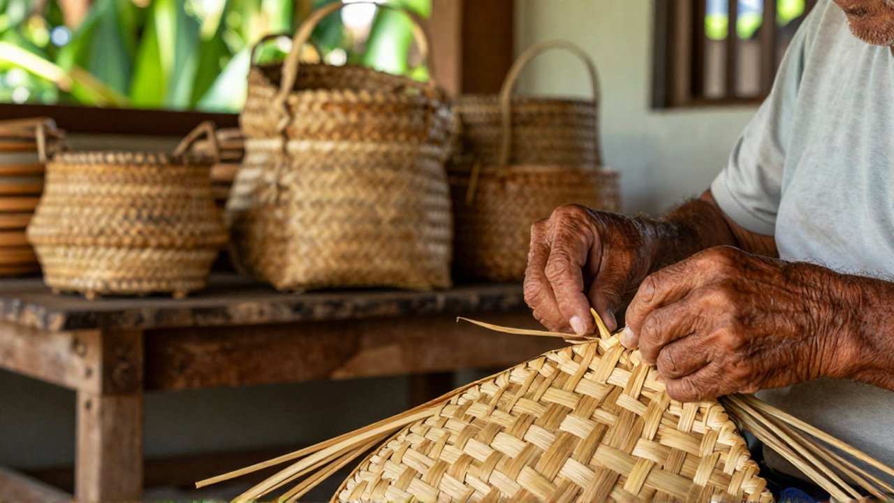 An elderly artisan weaves a detailed palm frond basket in a sun-drenched tropical workshop.