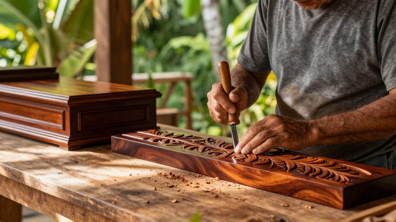 A skilled artisan carves tropical vine patterns into dark mahogany at a sunlit wooden workbench.