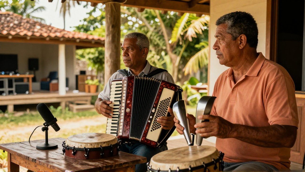 A seasoned musician plays a traditional accordion next to a percussionist using a modern metallic güira on a sun-drenched wooden porch.