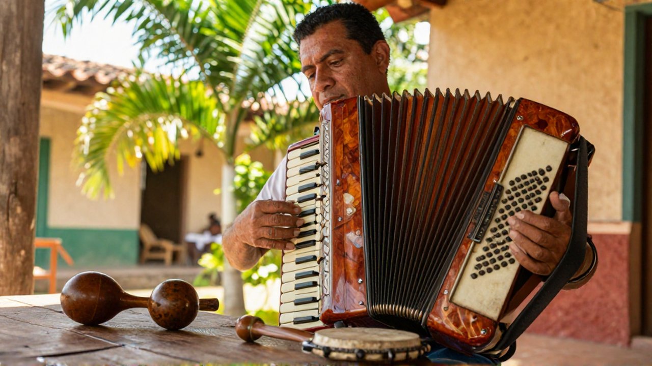 A musician playing a wooden accordion next to a güira and tambora on a rustic patio.