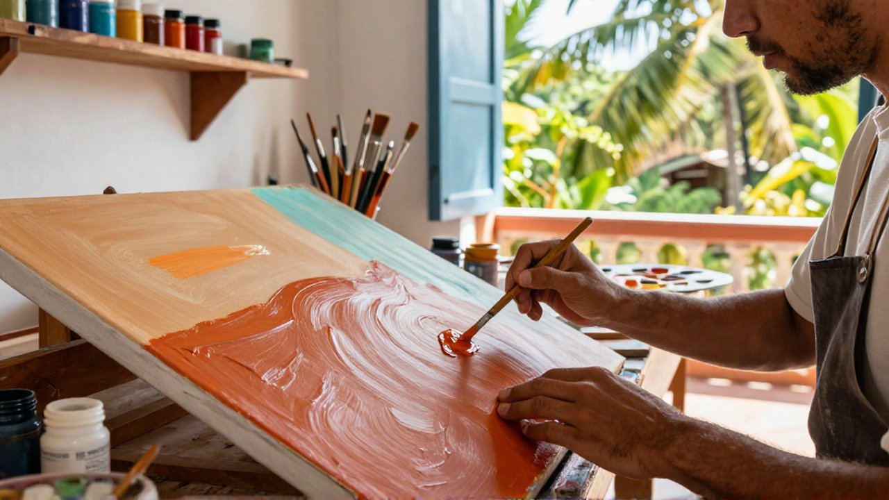 A Dominican artist applies thick oil paint to a canvas in a sunlit