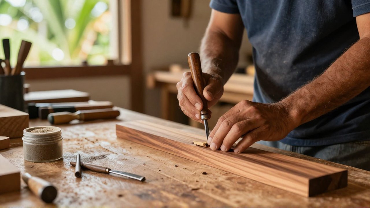 A woodcarver carefully places a sharp chisel into a holder on a tidy mahogany workbench.