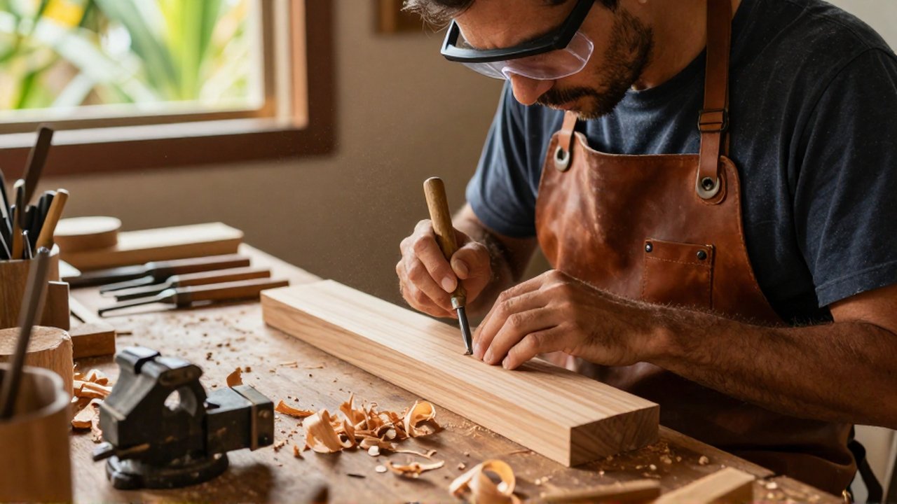 An amateur woodcarver wears safety goggles and a leather apron while detailing cedar wood at a workbench.