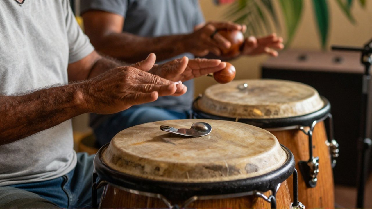 Close-up of a percussionist's hands playing a wooden güira and a conga drum in a rustic studio.