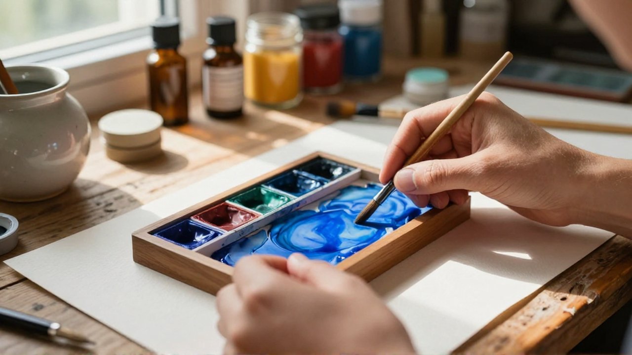 An artist's hands select a blue watercolor pan from a wooden palette on a studio desk.