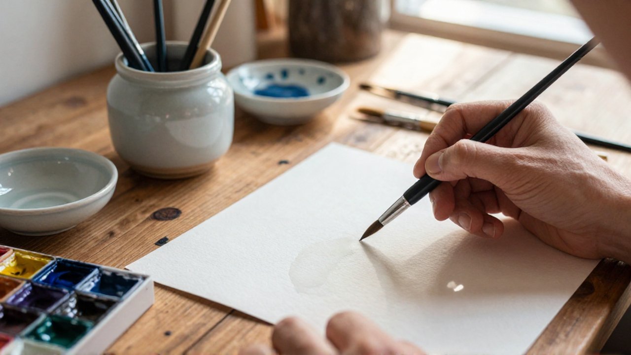 An artist's hands select a fine paintbrush from a jar on a wooden watercolor studio table.