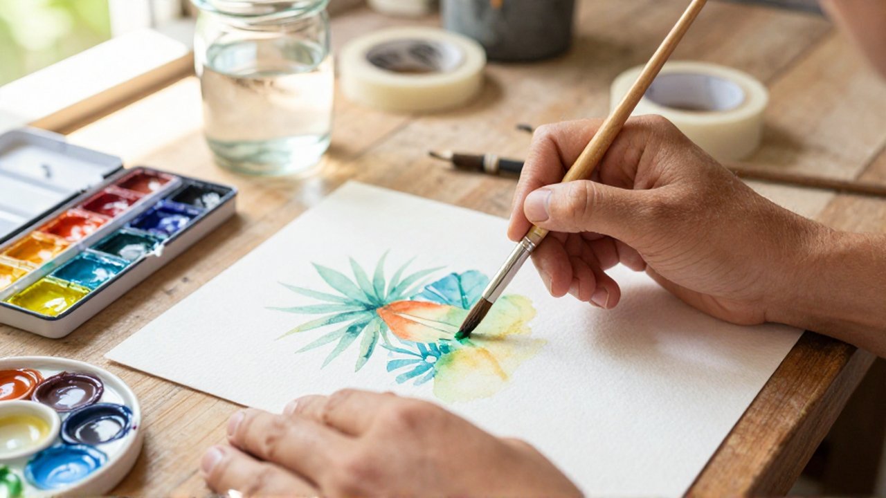 Hands use a squirrel hair brush to mix cerulean and ochre pigments on a ceramic palette.