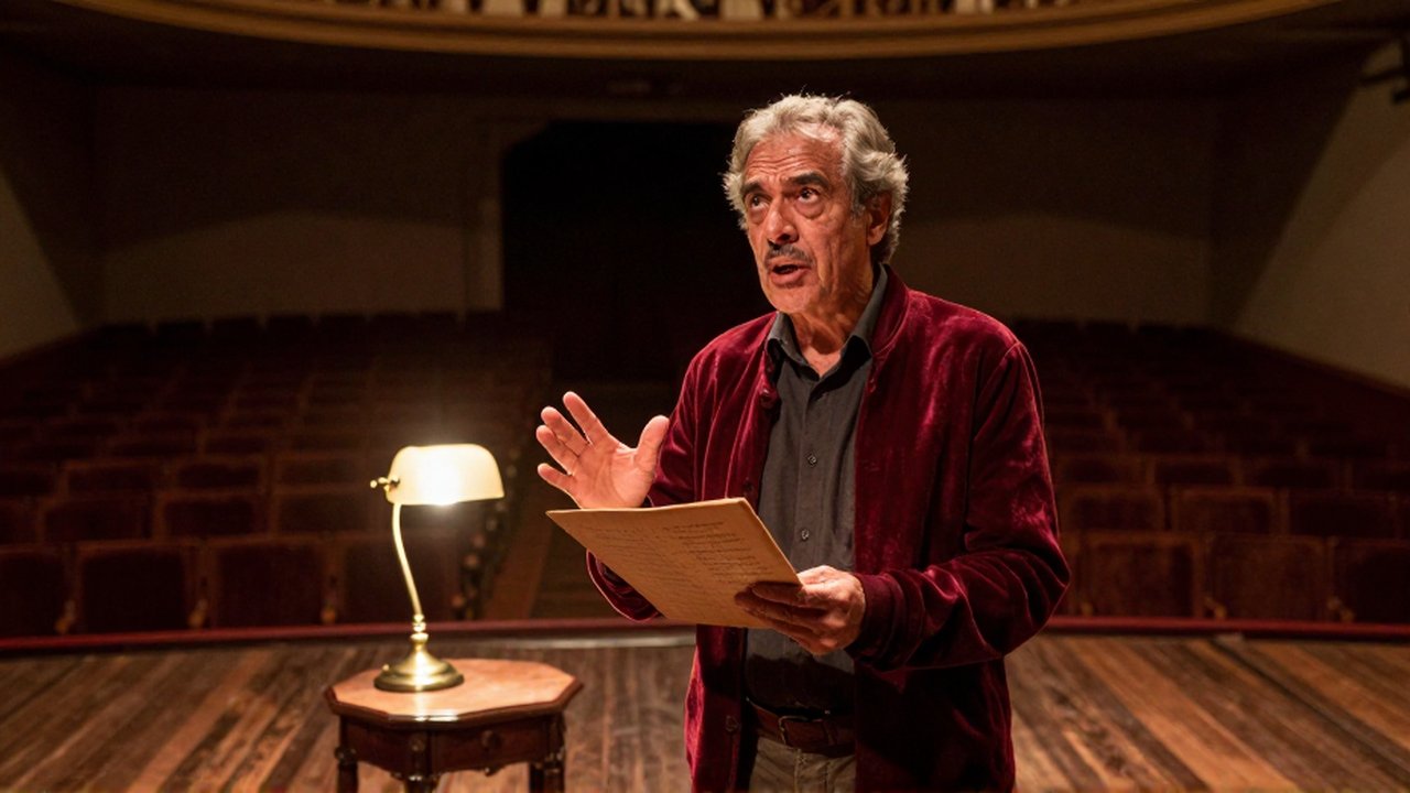 A seasoned theater director gestures expressively while holding a wooden script on a dimly lit stage.