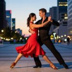 A man and a woman in a crimson skirt perform a rhythmic dance in a city plaza at dusk.