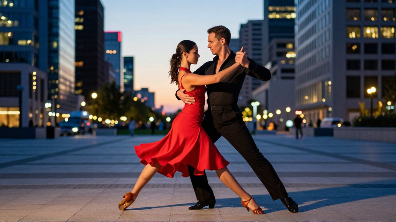 A man and a woman in a crimson skirt perform a rhythmic dance in a city plaza at dusk.