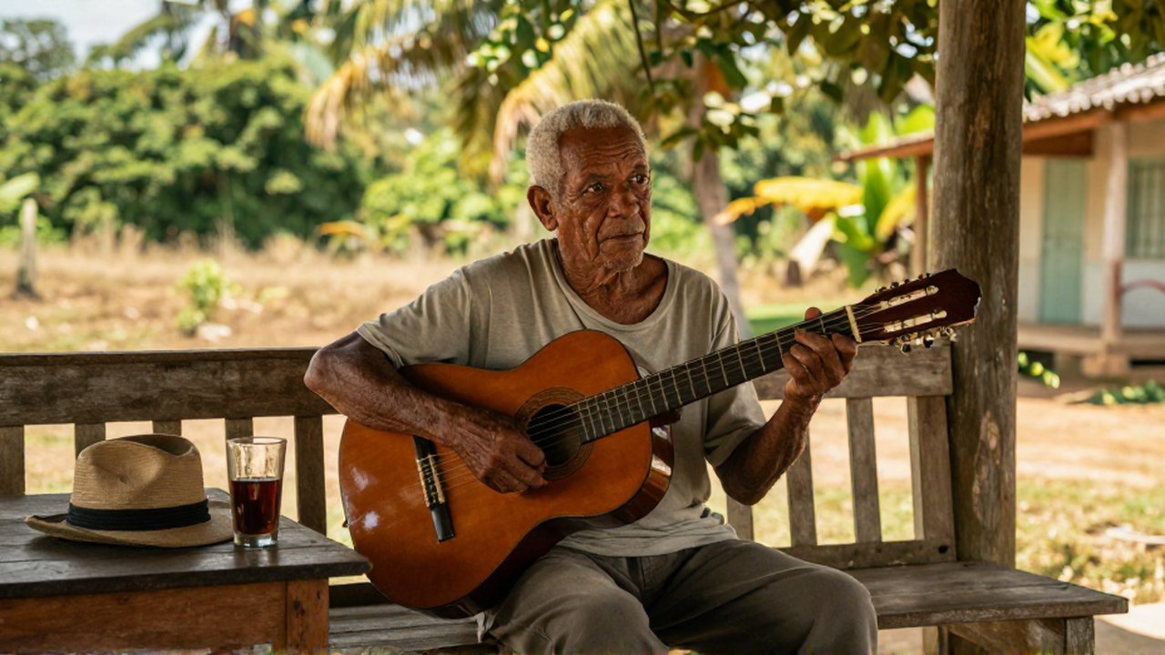 An elderly Dominican man sits on a porch, deeply focused while playing an acoustic guitar.