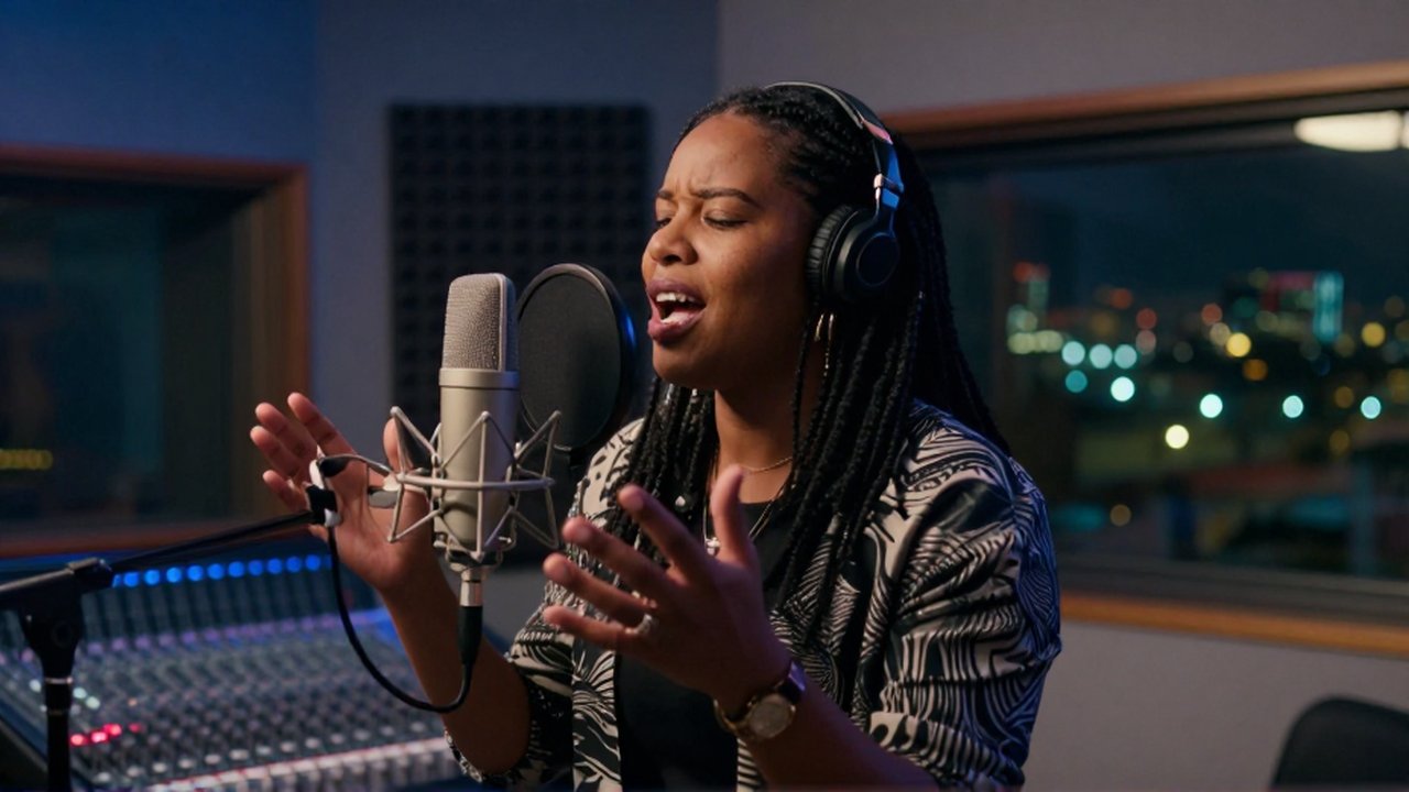 A passionate singer performs into a professional microphone within a modern, dimly lit recording studio.