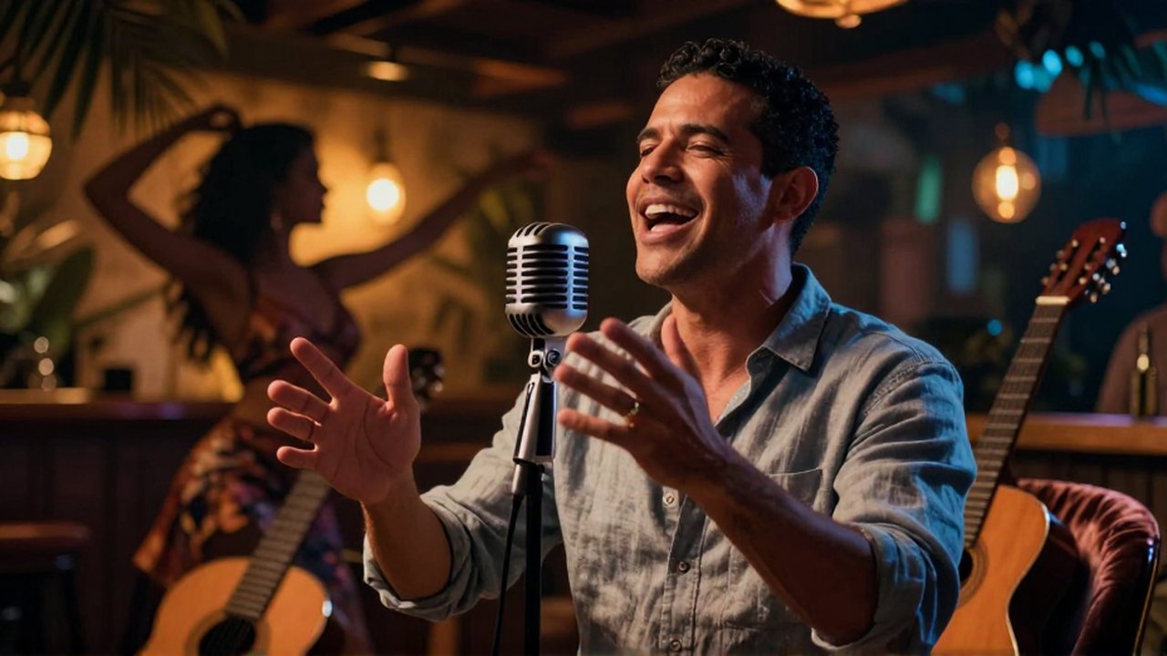 A charismatic male singer performs passionately into a vintage microphone in a dimly lit lounge.