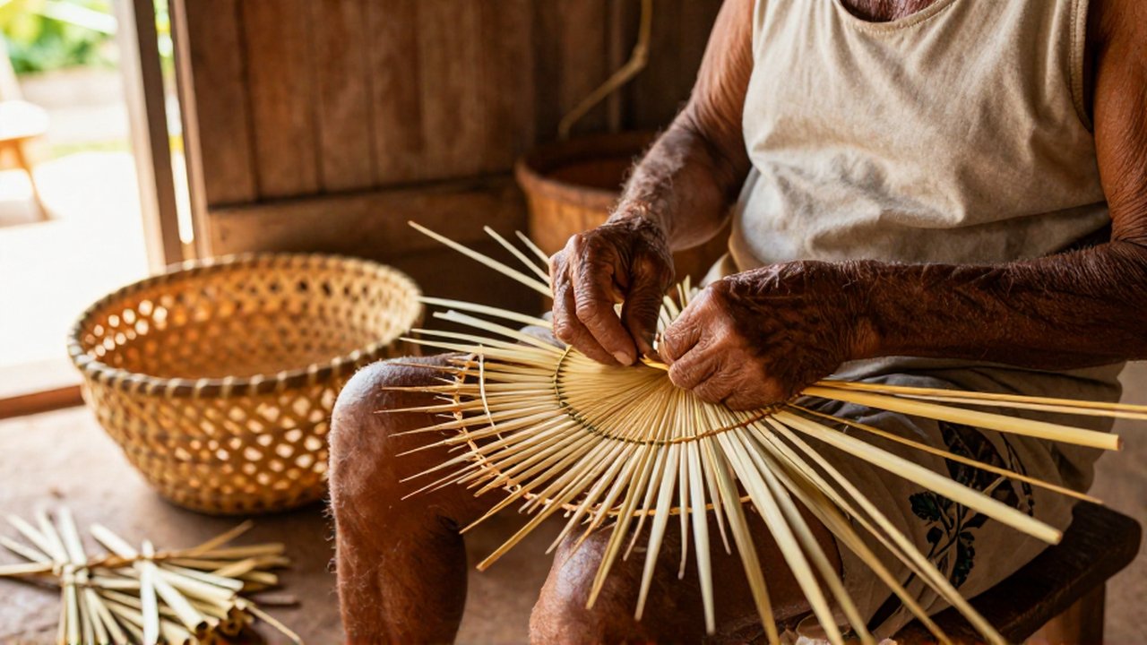 An elderly artisan's weathered hands meticulously weave dried palm fronds into a circular basket in a sunlit workshop.