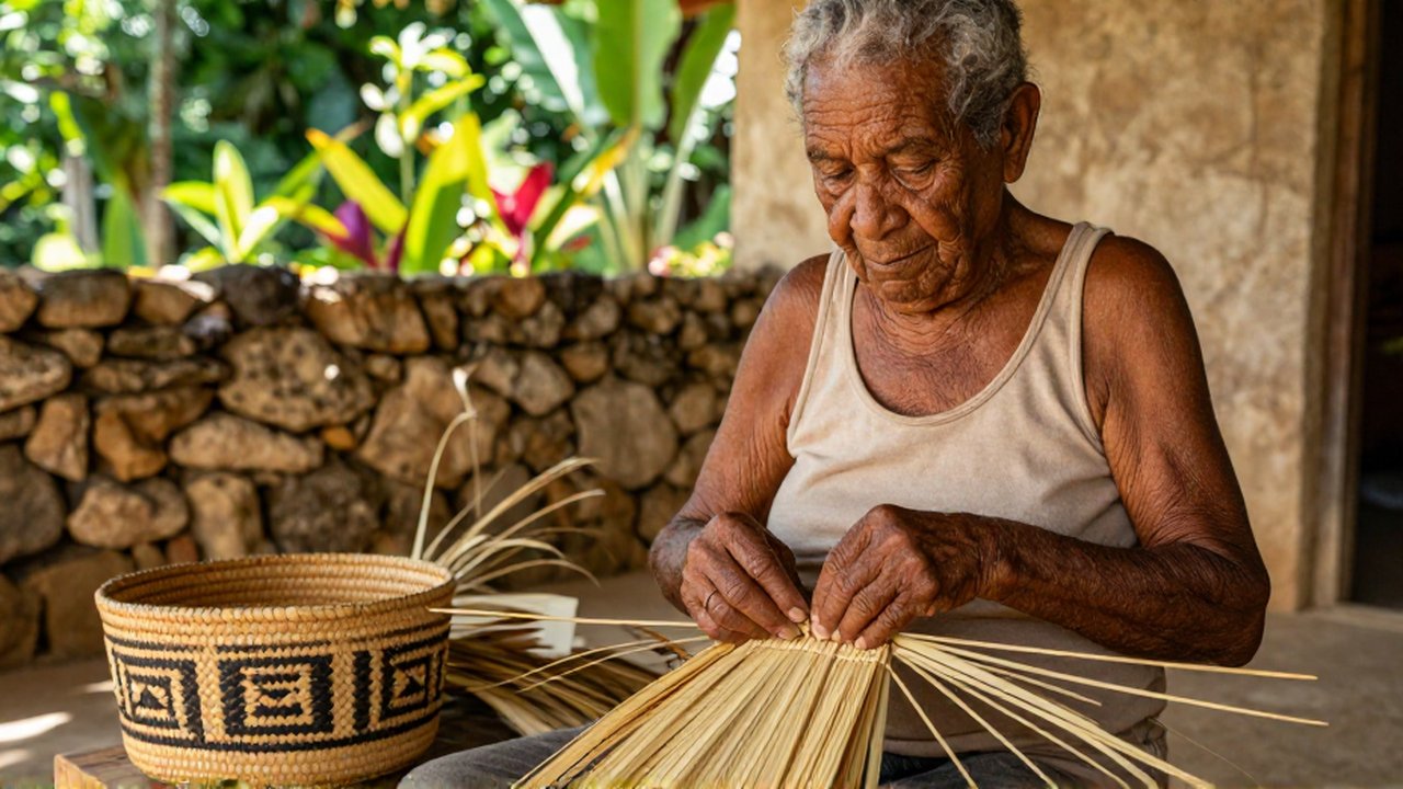 An elderly woman skillfully weaves palm fibers into a patterned basket in a sunlit courtyard.