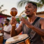 A joyful Dominican percussionist plays a wooden güira and leather tambora during an outdoor tropical festival at sunset.