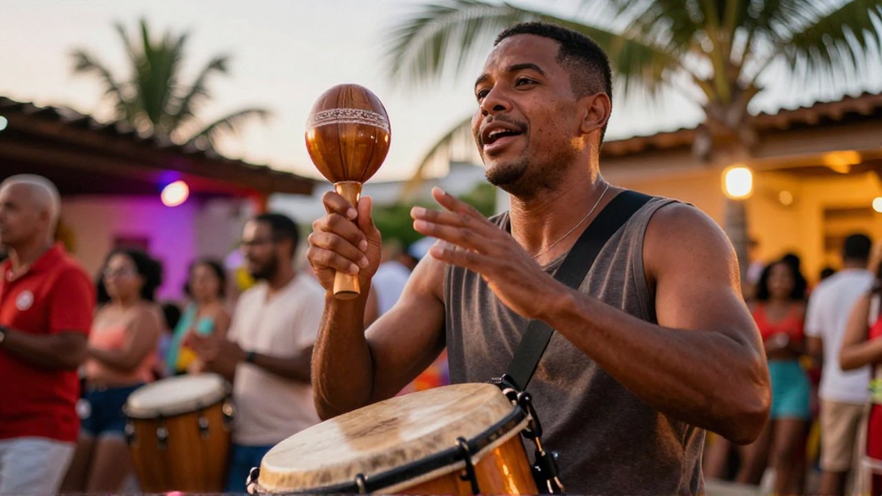 A joyful Dominican percussionist plays a wooden güira and leather tambora during an outdoor tropical festival at sunset.