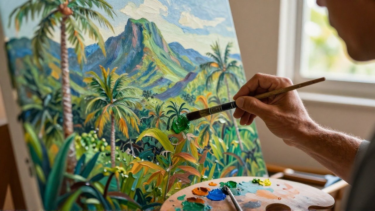 An artist's hand uses a brush to apply thick oil paint to a tropical landscape painting.