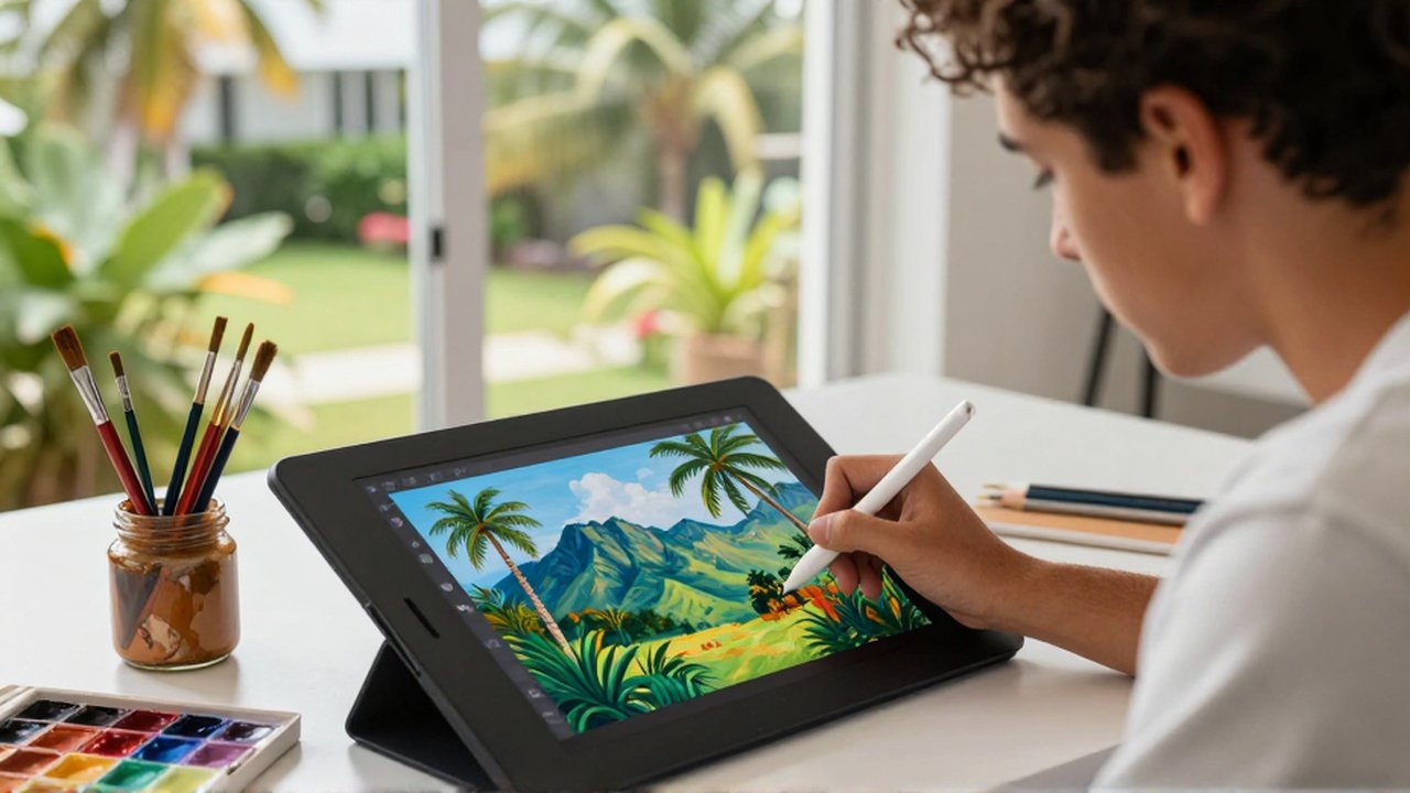 A digital artist uses a stylus to paint a tropical landscape on a graphic tablet in a sunlit studio.